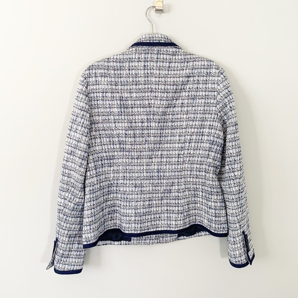 NWOT Talbots Tweed Blazer Women 10 Blue White Grosgrain Trim Textured Jacket - Picture 6 of 11